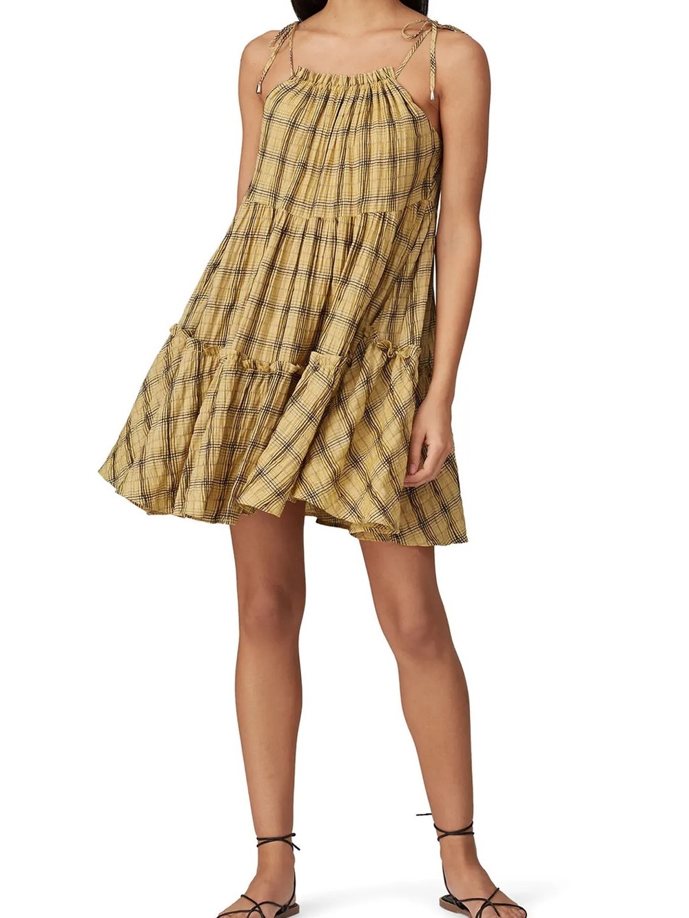 Moon River Yellow Plaid Tie-Shoulder Tiered Mini Dress